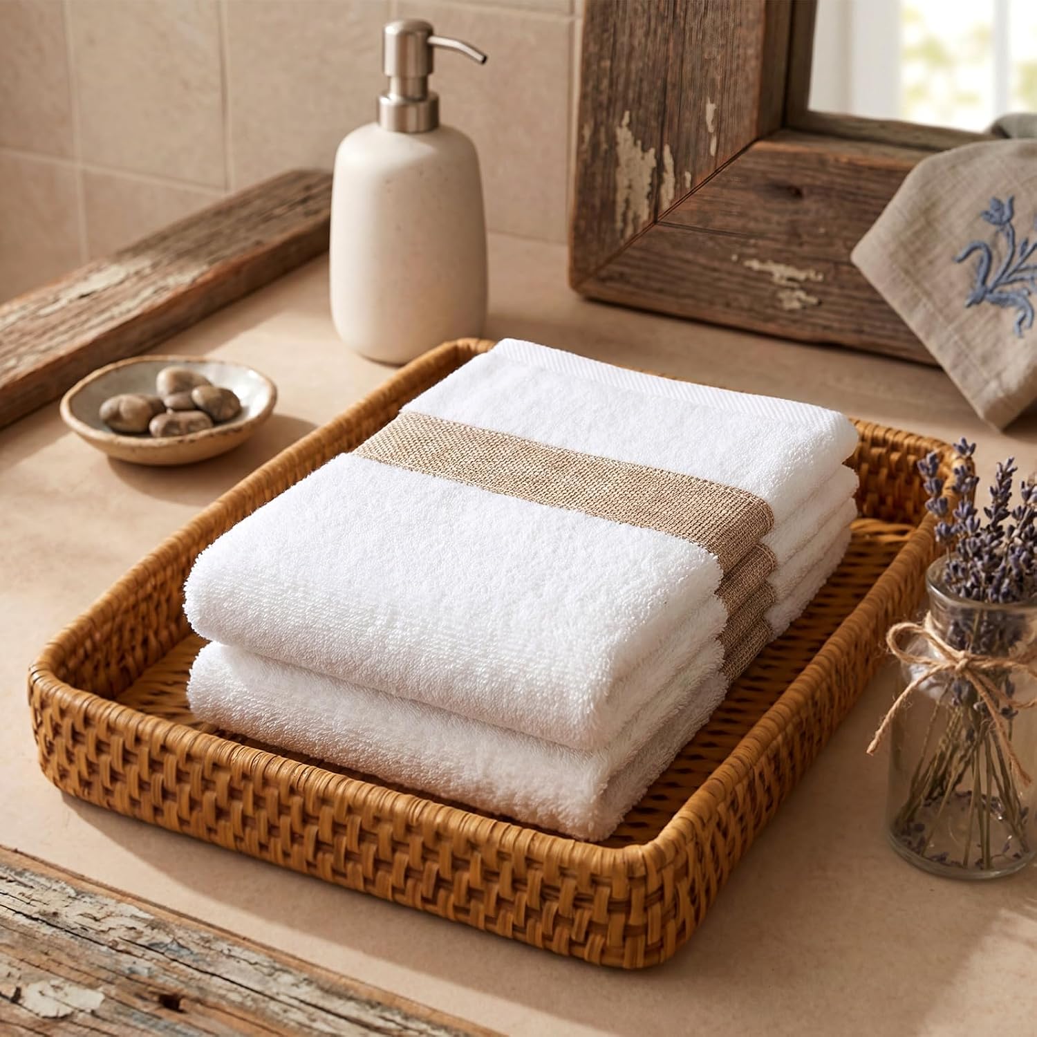 2 Pcs Farmhouse Hand Towels with Burlap Edge for Bathroom 100% Cotton Guest Fingertip Towel 29.5" x 13.8" Rustic White Hand Towels Decor for Bathroom Kitchen Hotel