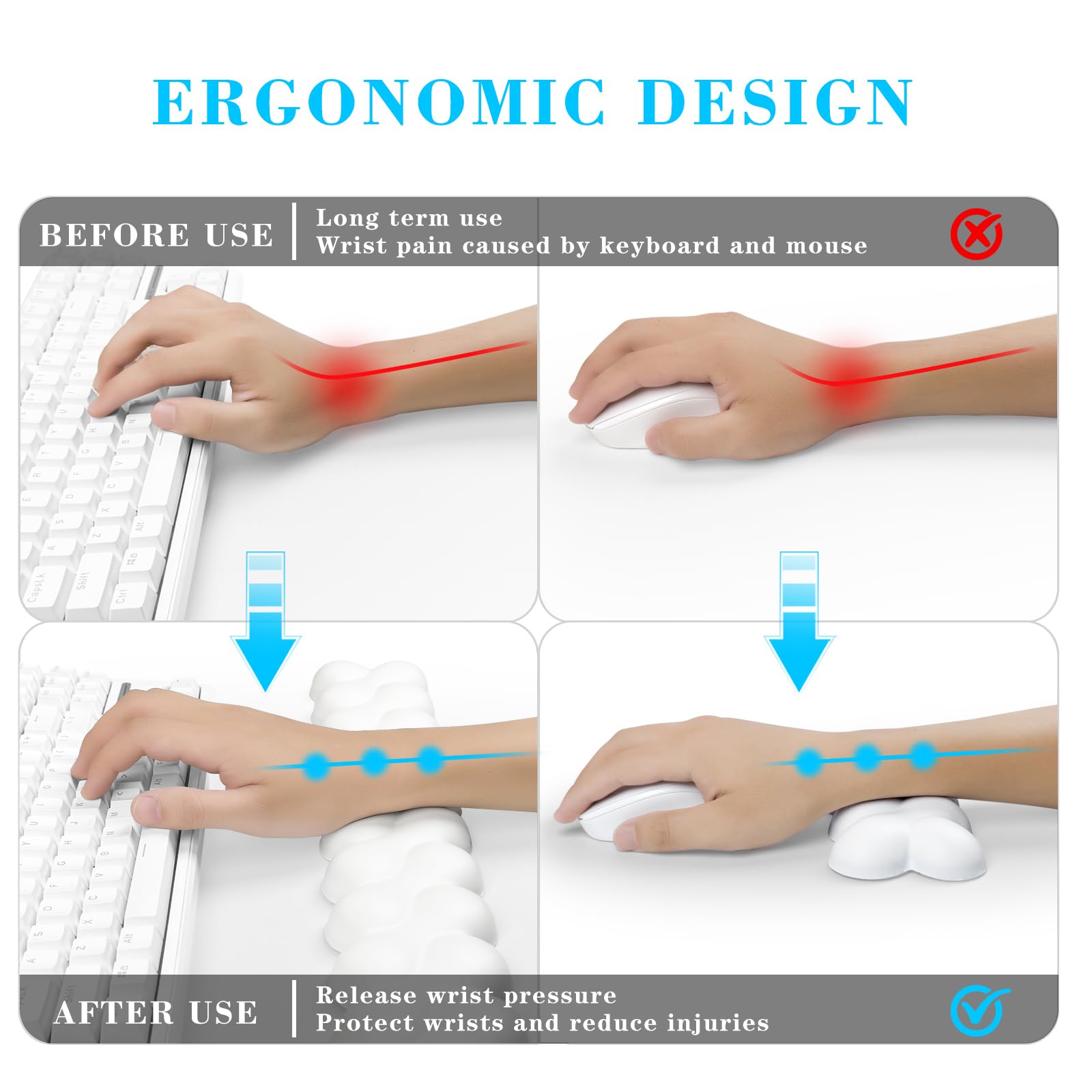 Ensemble de repose-poignet pour clavier et souris avec base antidérapante, support de poignet ergonomique et accoudoirs pour jeux, bureau, ordinateur, soulage la douleur de frappe (blanc)