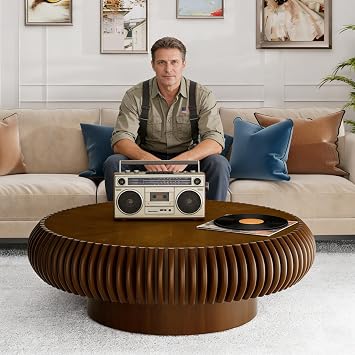 Round Ribbed Wooden Coffee Table