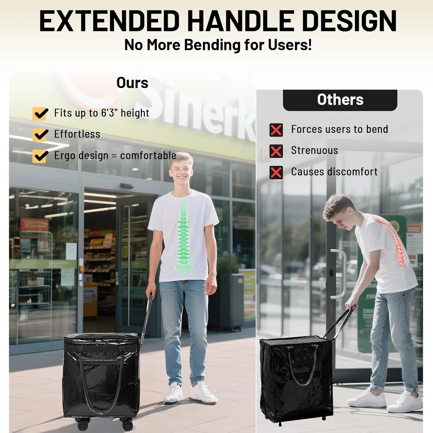 (Medium) Fanwoli Reusable Grocery Bag on Wheels with Upgraded Wrinkle-Resistant Fabric | Enhanced Stability Wheels & Extended Handle | Foldable Shopping Trolley for Laundry, Carries Up to 66 L - Image 4