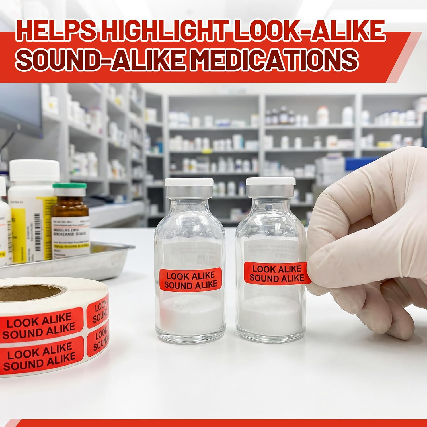 2 Rolls Look Alike Sound Alike Labels 1000 Total Adhesive Labels Red Medication Safety Warning Stickers PP Paper for Medicine Vial for Pharmacy Hospital, 2 x 0.4 Inches