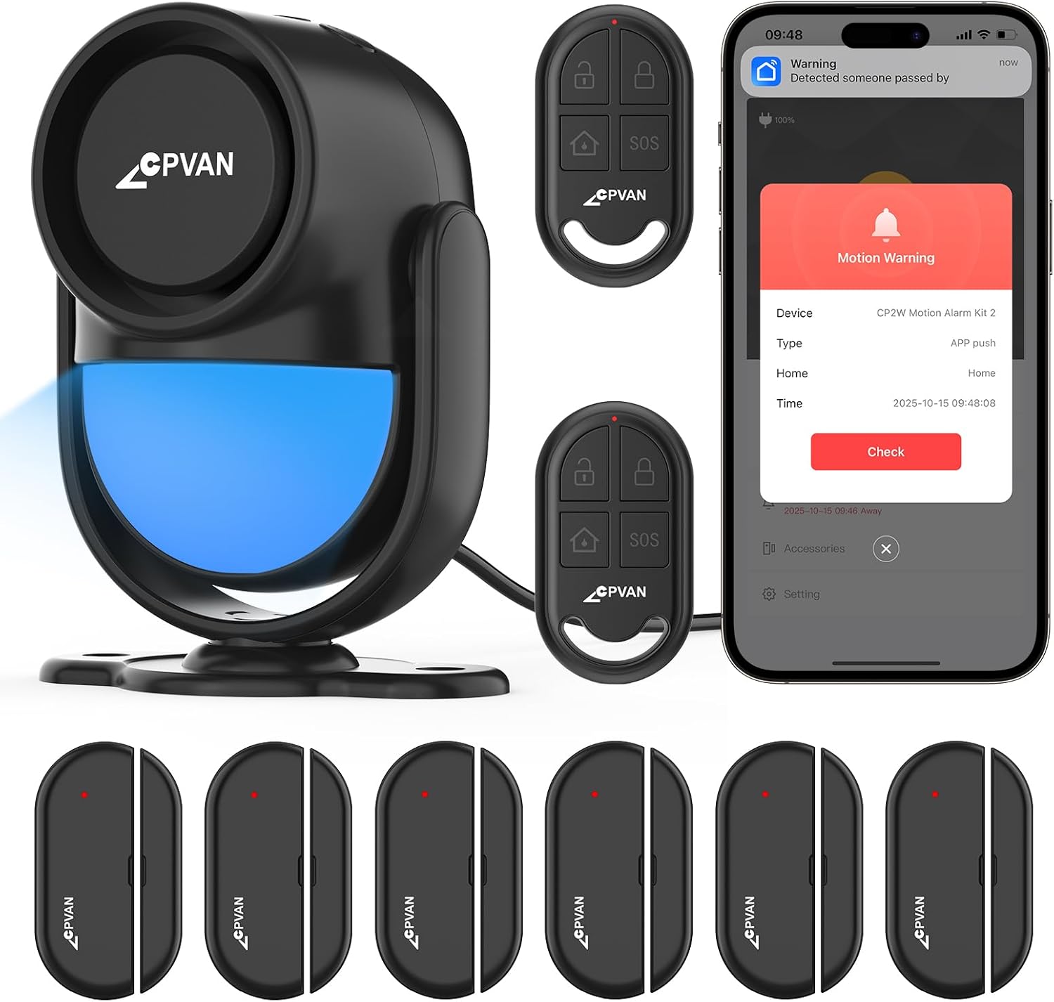 CPVAN WiFi Home Alarm System with PIR Motion Sensor, Wireless DIY Smart Motion Alarm with 6 Door/Window Sensors for Security – On Spot Alarm & APP Alert, Black