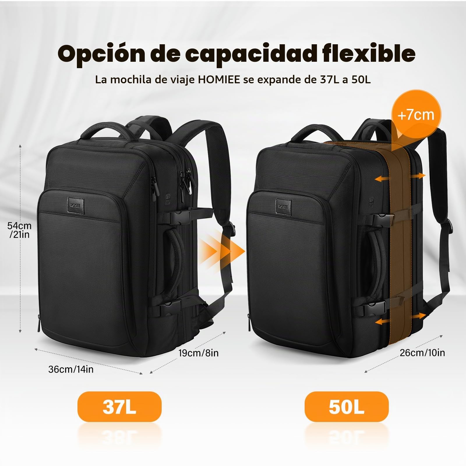 HOMIEE Mochila Viaje Mochila Cabina 55x40x20 50L Extensible Mochila Para Portátil 15.6 17.3 Pulgadas Equipaje de Mano Impermeable Bolsa para Negocio Trabajo Viaje Escolares Hombre Mujer