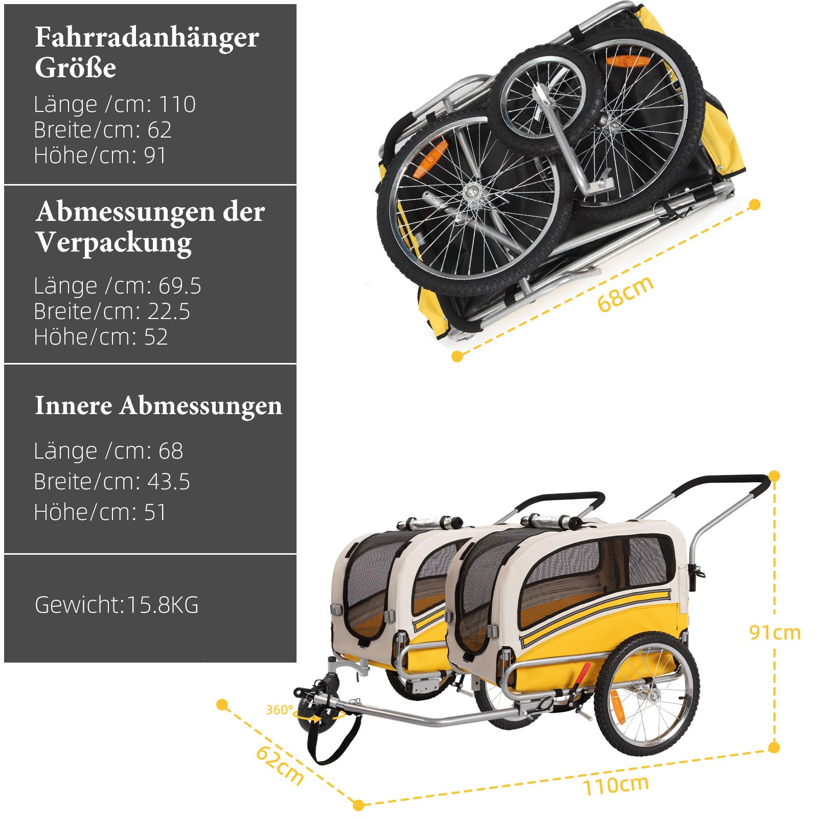 Hundeanhänger 2-in-1 für Fahrrad & Jogger – Transportwagen für Hunde bis 30 kg, faltbar, mit Bremsen, Signalwimpel, Outdoor & Heimgebrauch, leicht zu montieren