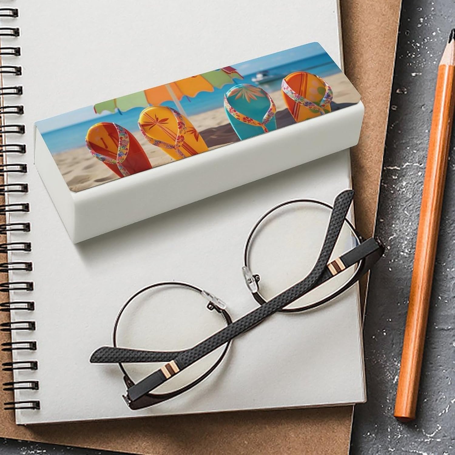 Portable Travel Spectacle Case with Cleaning Cloth, Hard Shell Square Large Sunglasses Box, PU Leather Colorful Flip Flops Beach Ball Eyeglasses Protector Cases for Woman, Man image 4