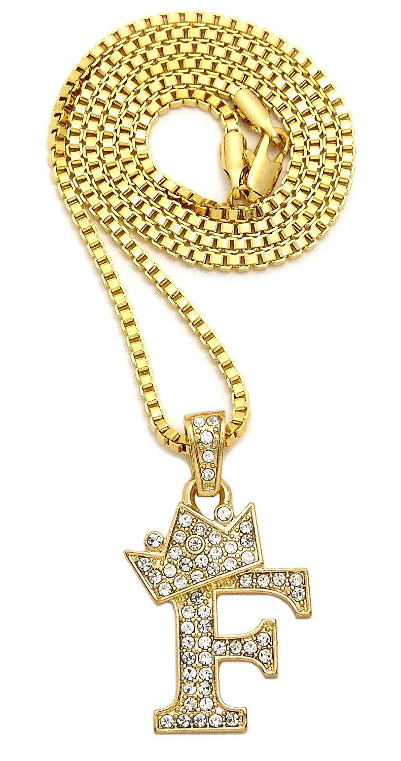 CBC Crown Rhinestone Studded Crown Small Initial Alphabet Letter Pendant Necklace 24" Box Chain Necklaces in Gold Tone or Silver Tone