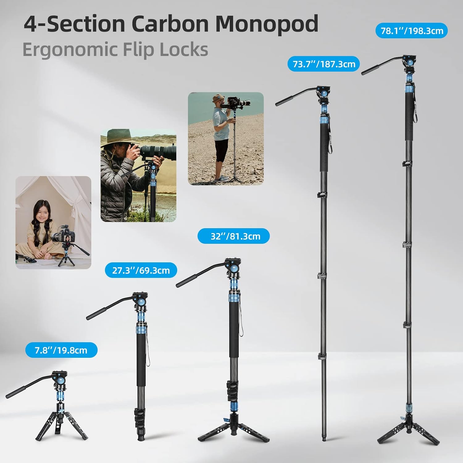 SIRUI P-424FL Carbon Fiber Camera Monopod Kit, 78" Heavy Duty Professional Video Monopod with VA-5 Fluid Video Head, Tripod Base, Flip Locks for DSLR Camera