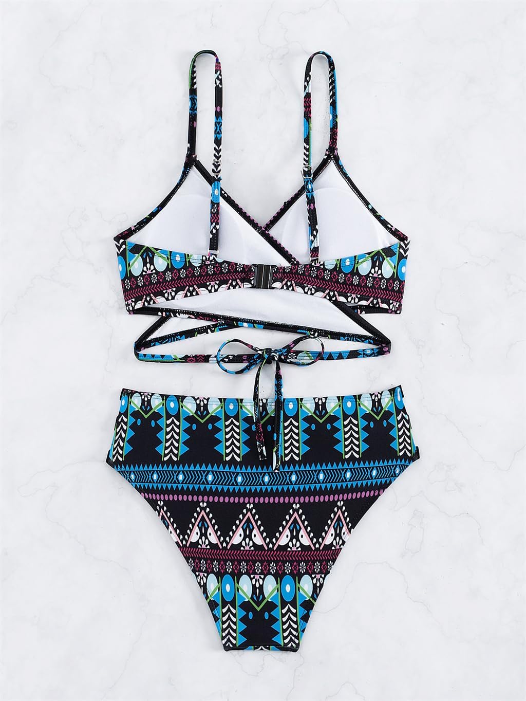 Women's Two-Piece Bikini Set, Tribal Print with Pink Accents Swimwear, Strappy Design Bathers, Push-Up Top Beachwear PQ-002