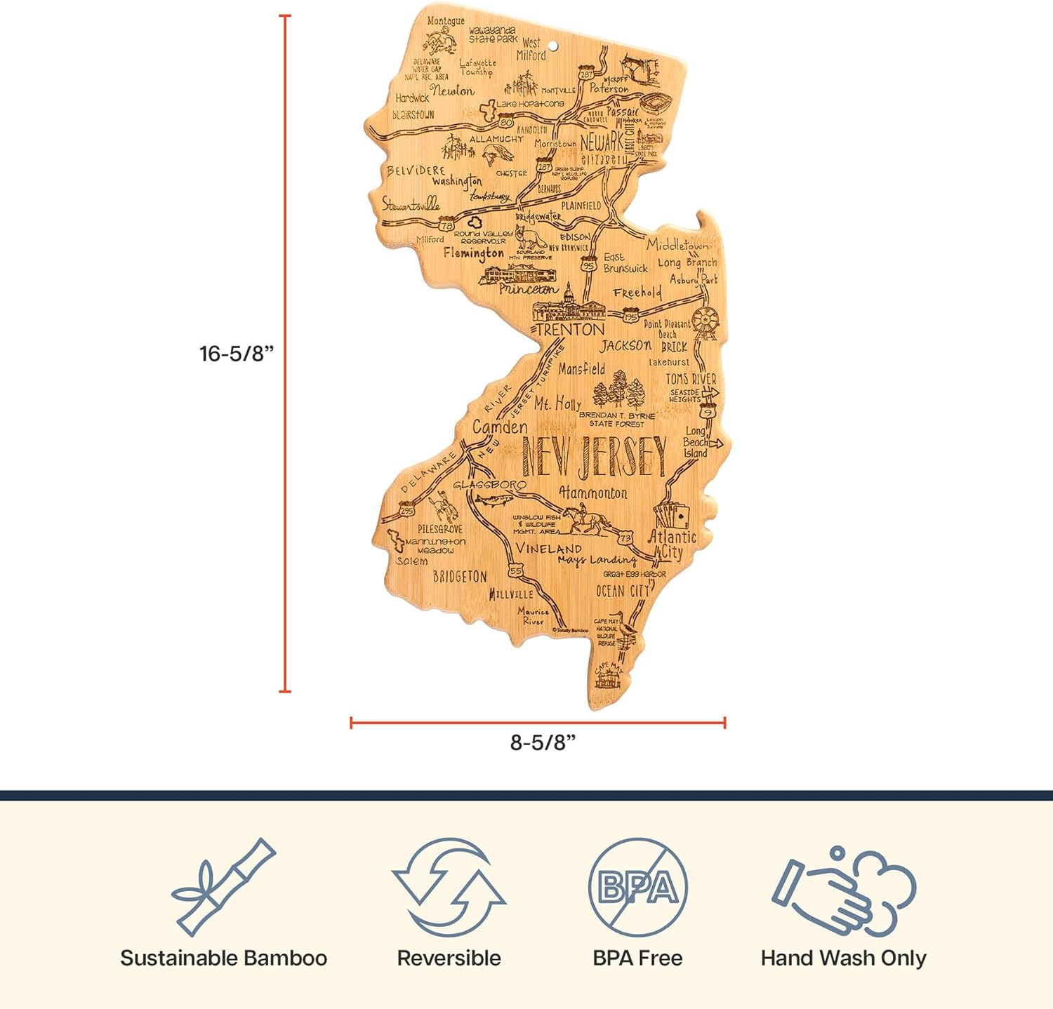 Totally Bamboo Destination New Jersey State Shaped Cutting Board, Charcuterie and Cheese Serving Board – New Jersey Gift for Home Décor or Everyday Kitchen Use - Image 4