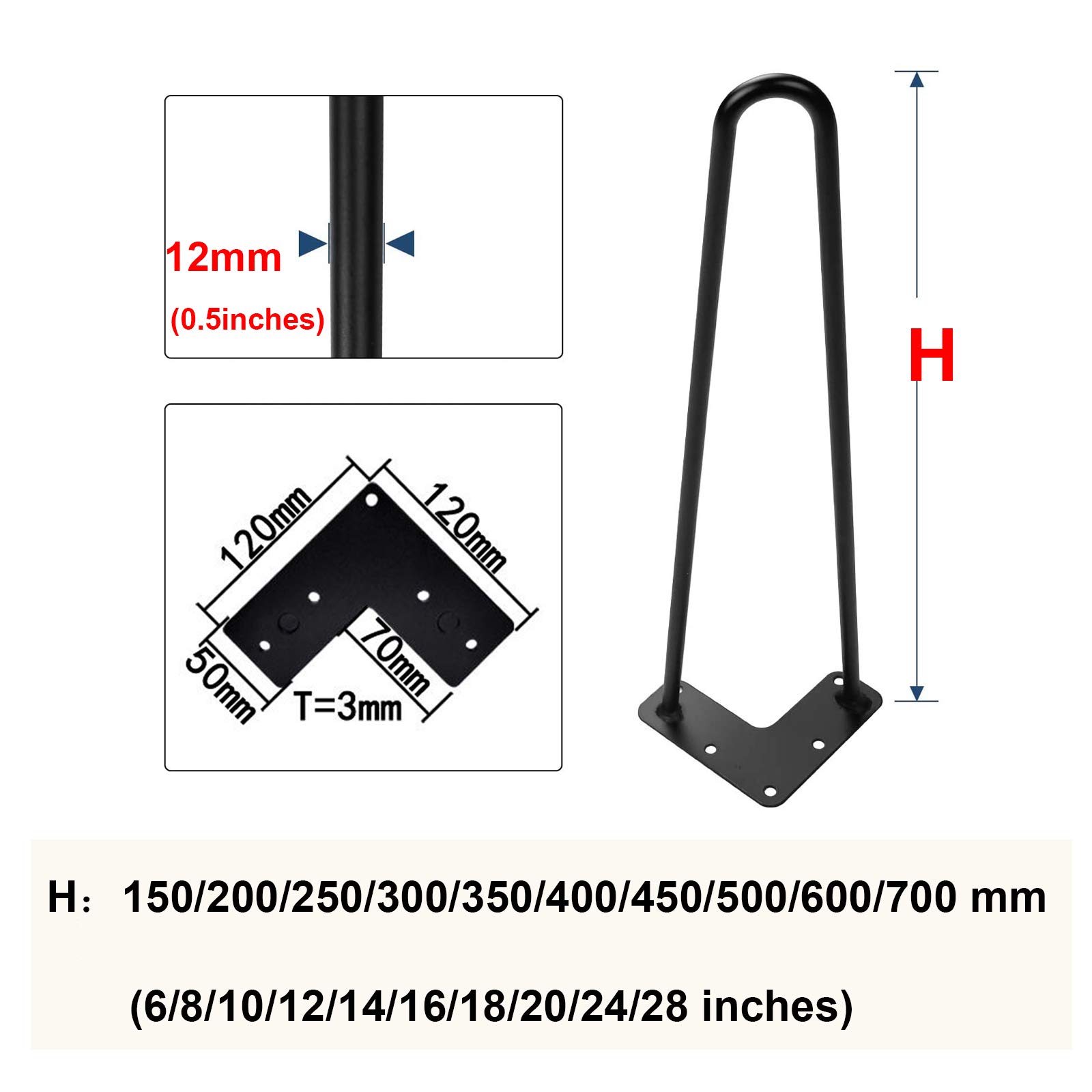 Zestaw 4 metalowych nóg stołowych z kątem ukośnym do stolika kawowego, jadalni, stolika nocnego, pionowe zwężane nogi w czarnym wykończeniu (72 cm)