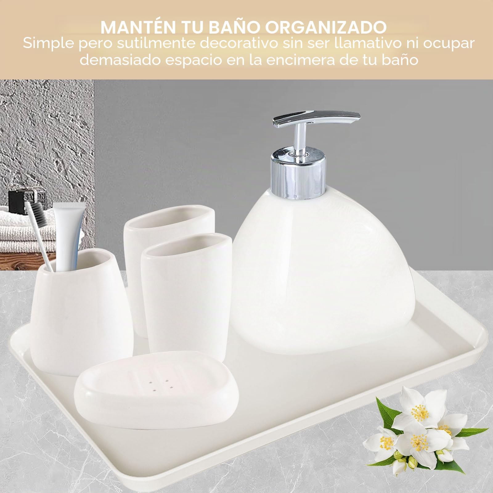 Qivine 6Pcs Accesorios Baño Jabonera Set de Juego, Cerámica Soporte para Cepillo de Dientes y Bandeja de Plástico, Dispensador de Jabon para Cocina, Dormitorio