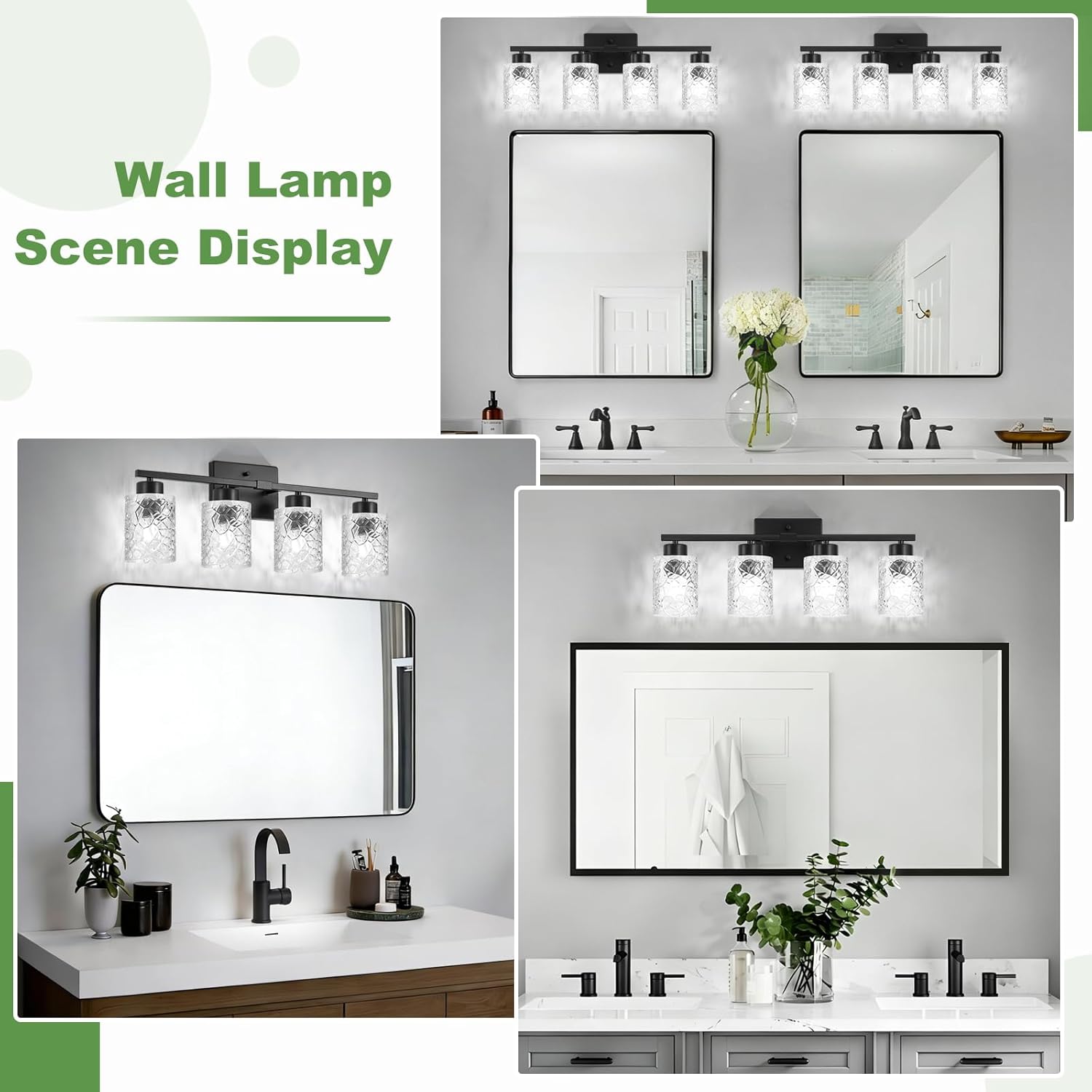 Black Bathroom Light Fixtures, 4-Light Modern Bathroom Vanity Wall Light, Vanity Lights for Mirror, Wall Sconces with Clear Textured Glass (E26 Socket, Bulbs Not Included)