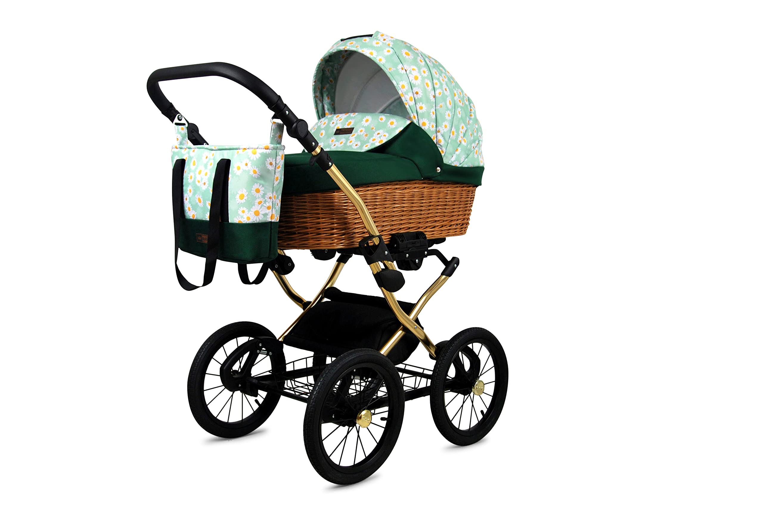 BabyLux ALU 2w1 Wózek dla Malucha – Wózki spacerowe & Wózki dziecięce – Wózek spacerowy dla Noworodka i Malucha – Wózek dla Noworodka – 59x105x125cm – Max 15kg – Green Daisy Gold Frame