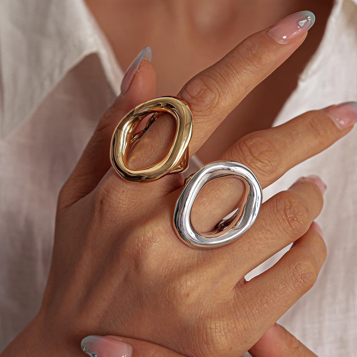 Chunky Irregular Hollow Oval Statement Ring For Women Adjustable Open Band Geometric Fashion Jewelry Gold Tone Or Silver Tone - Image 8