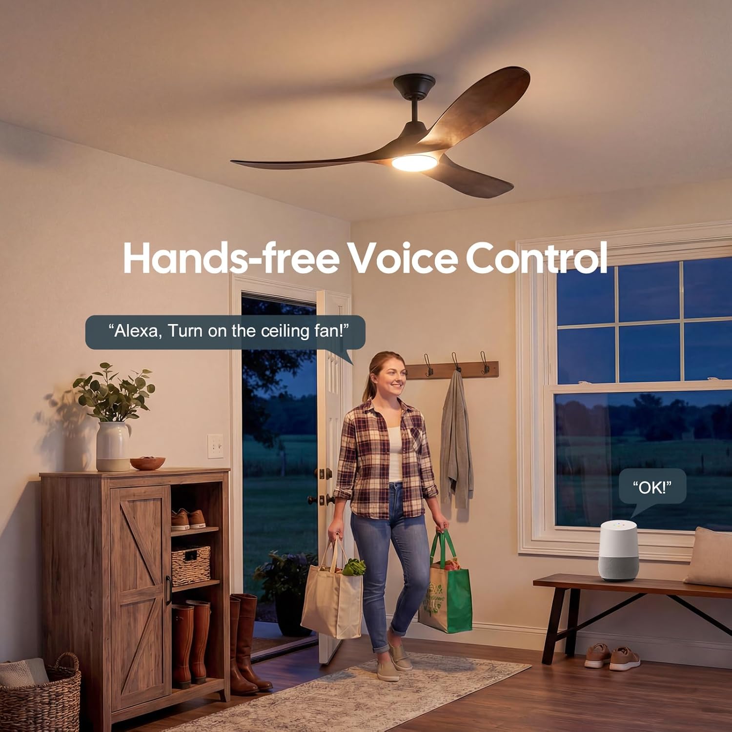 36 Inch Smart Ceiling Fan with Lights, Indoor Outdoor Ceiling Fans 3 Wood Blades, 6 Speeds Dimmable Quiet DC Motor, Remote/Alexa WiFi App Control, Modern Low Profile for Small Bedroom Patio Office