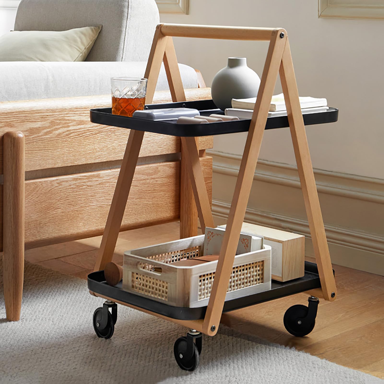 Carrito de Almacenamiento con Ruedas, Mesa Auxiliar de 2 Niveles con Ruedas, Carrito utilitario de Madera para Sala de Estar, Dormitorio, Comedor y Cocina.