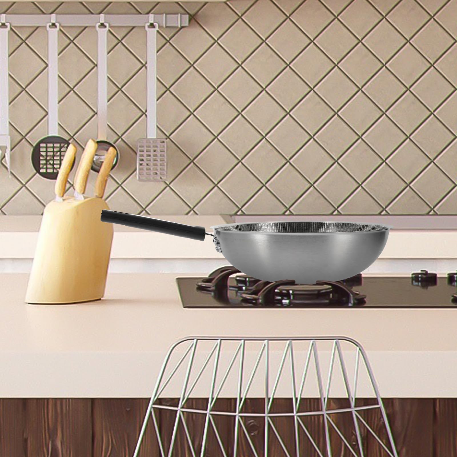 SUPVOX Padella Pentola per Friggere Antiaderente in Acciaio Inossidabile Fondo Piatto e Manico Ergonomico Distribuzione Uniforme del Calore, per Cucina Domestica