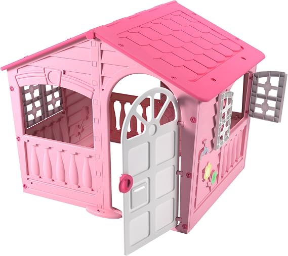 Plastic Playhouse, House of Fun, Indoor and Outdoor Playhouse, UV Resistant, Playhouse for Girls and Boys, Imagative Fun, Suitable for Ages 2+, Pink and White, 130 x 111 x 115cm
