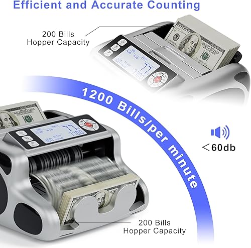 Vista 5 de Money Counter Machine, Pro Grade UV/MG/IR/DD/VI/FA Cash Counterfeit Detectors for Dollar, Euro Value Count with Backlit LCD Display