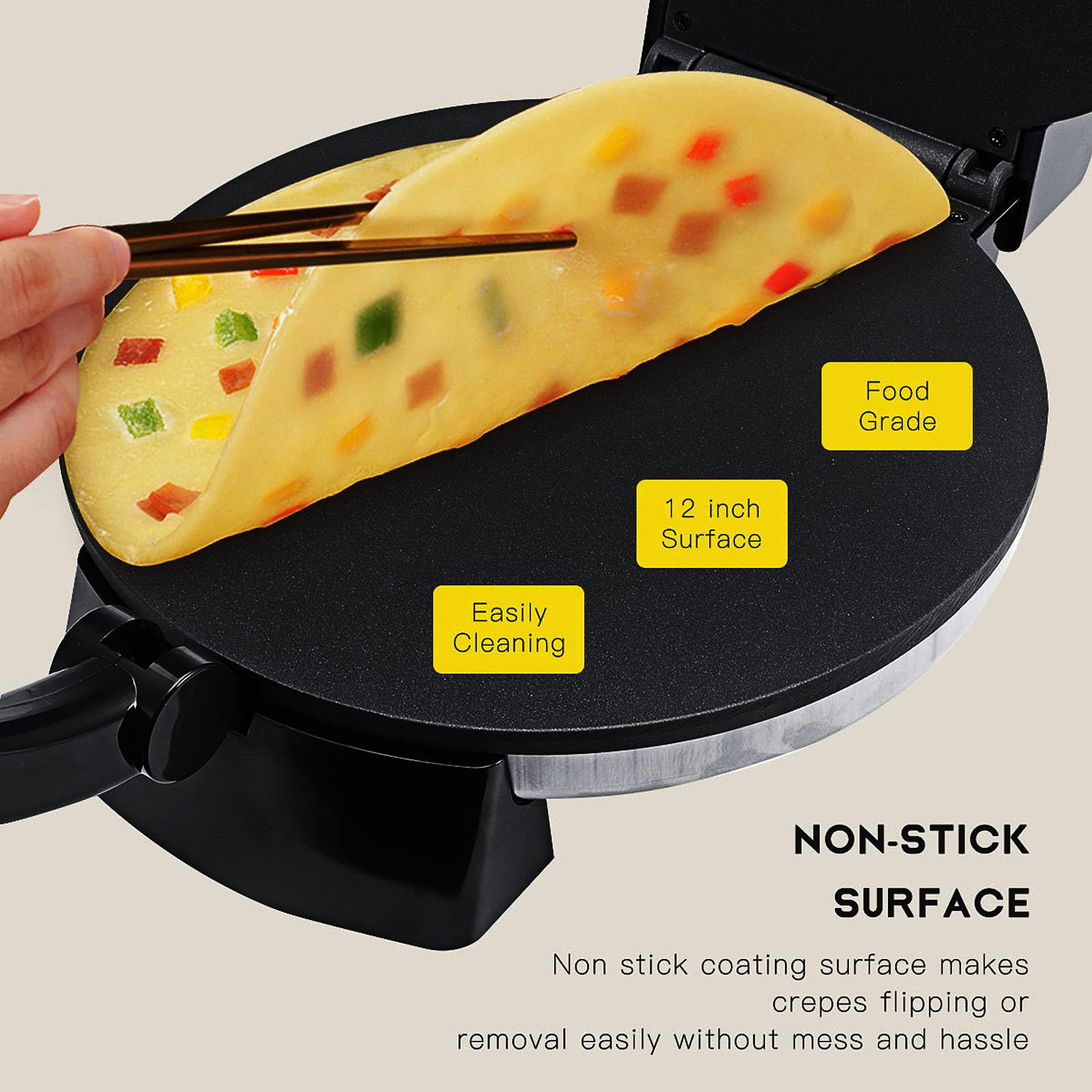 Maker De Roti Elektrische Tortilla-Maschine mit 2100 W, antihaftbeschichtet, 30,5 cm (12 Zoll), mit einstellbarer Temperatur, doppelseitige Erwärmung für Pizza, Pita, Quesadillas und Mor