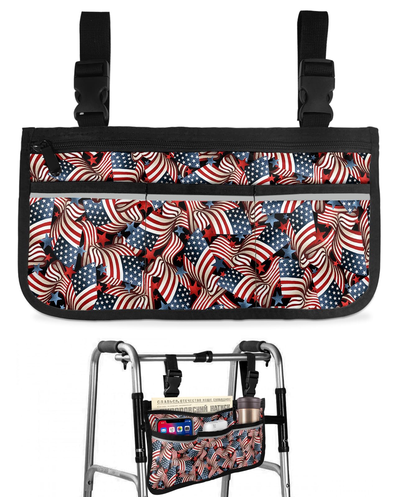 4th of July Wheelchair Side Bag Walker Bag, Vintage American Flag Star Independence Day Wheelchair Accessories Armrest Pouch, Organizer Storage Bag for Walkers, Rollators, Scooters, 7.3''x13''