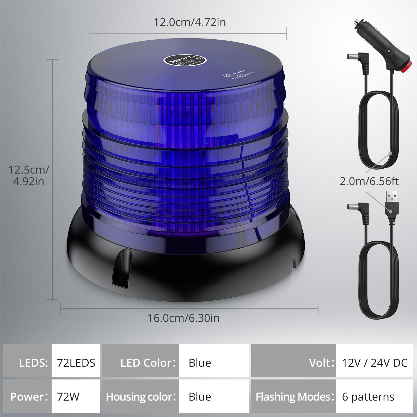 Justech Lumière Rotative 72LED Approuvée Stroboscopique E57, Lumière d’avertissement Sans Fil Bleue avec Télécommande, étanche IP65, 6 Modes de Vol pour Camion 12V / 24V, Remorque, Tracteur