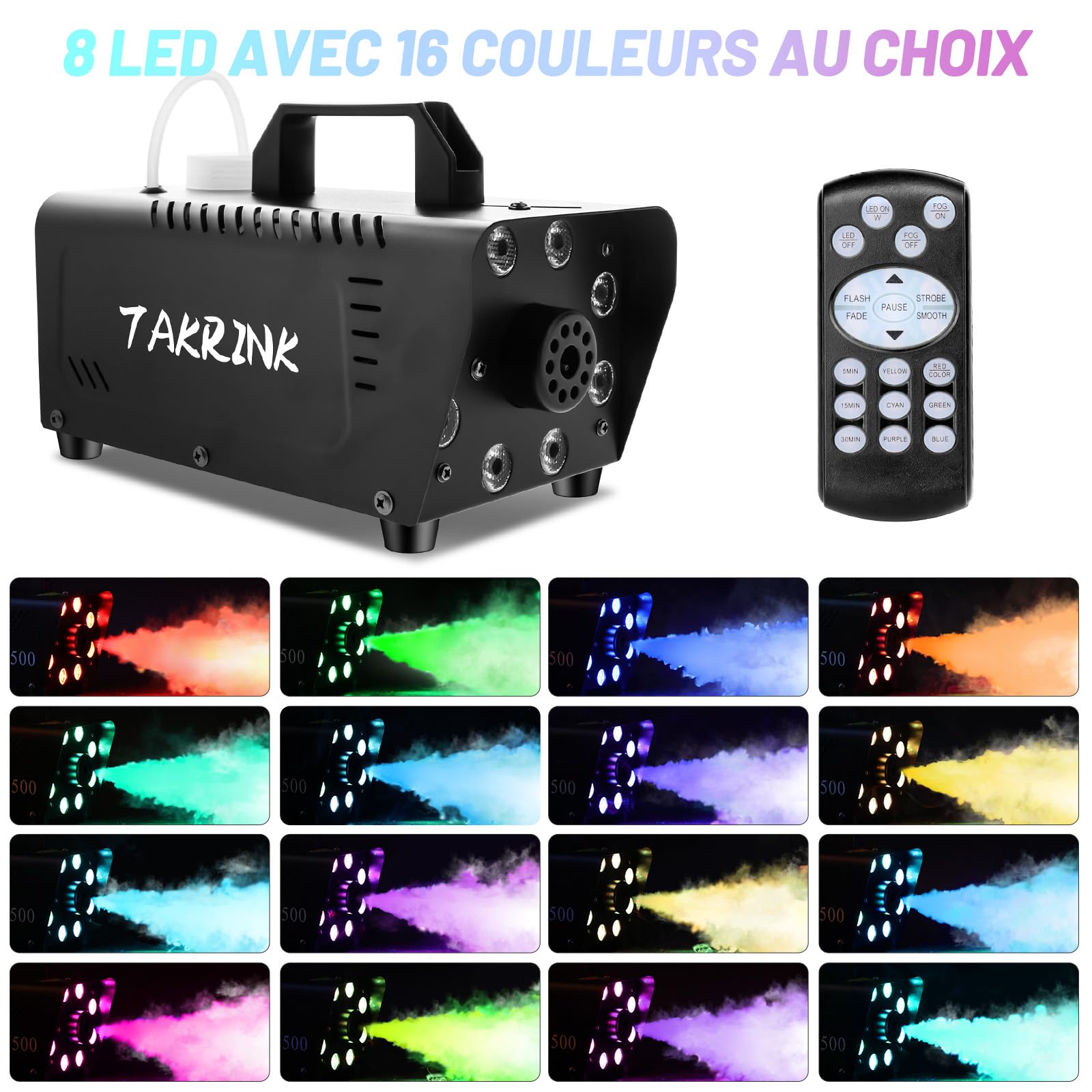TAKRINK Machine à Fumée Télécommande 900W Machine à Brouillard Portable avec 8 LED Lumières Contrôlables en Couleur pour Halloween Noël Mariages Étapes Fêtes DJ et Spectacles