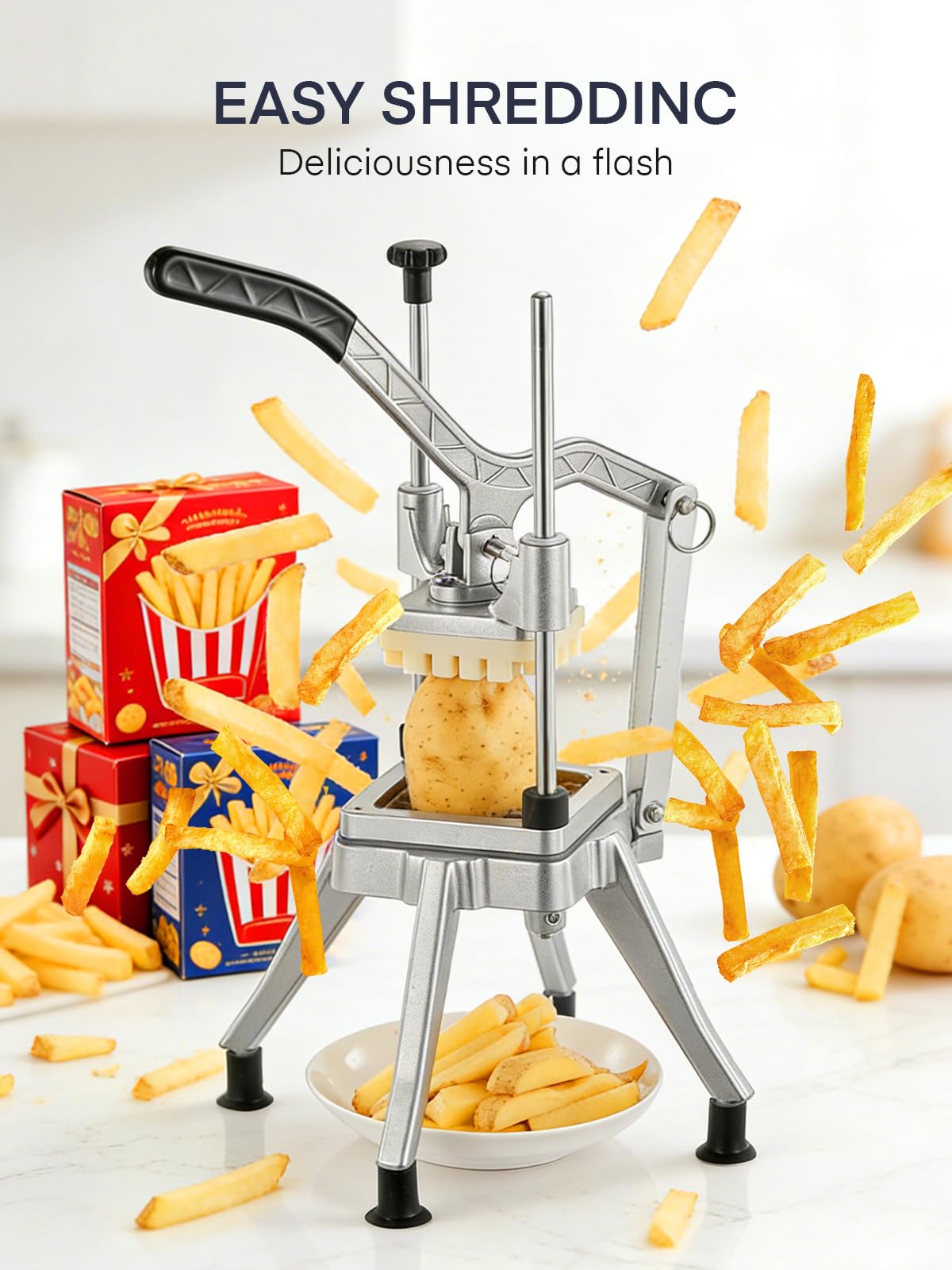 FOHERE ProductoCortador de Patatas Manual Profesional de Acero Inoxidable – Utensilio de Cocina para Restaurantes – 4 Rejillas de Repuesto (13/9/6 mm) + Sacador de Manzana 6 Gajos