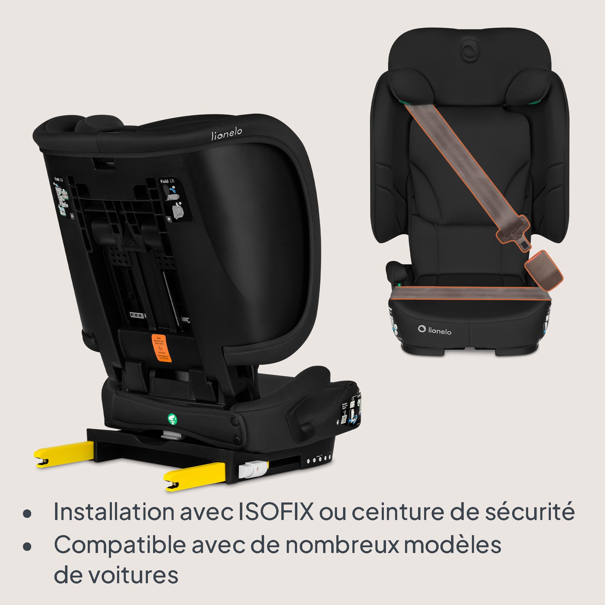 Lionelo Orin i-Size Siège-auto Pliable 100–150 cm, siege auto enfant compact pour 3,5–12 ans, Siège Auto de Voyage avec appui-tête 14 positions, installation ISOFIX ou ceinture (BLACK CARBON)