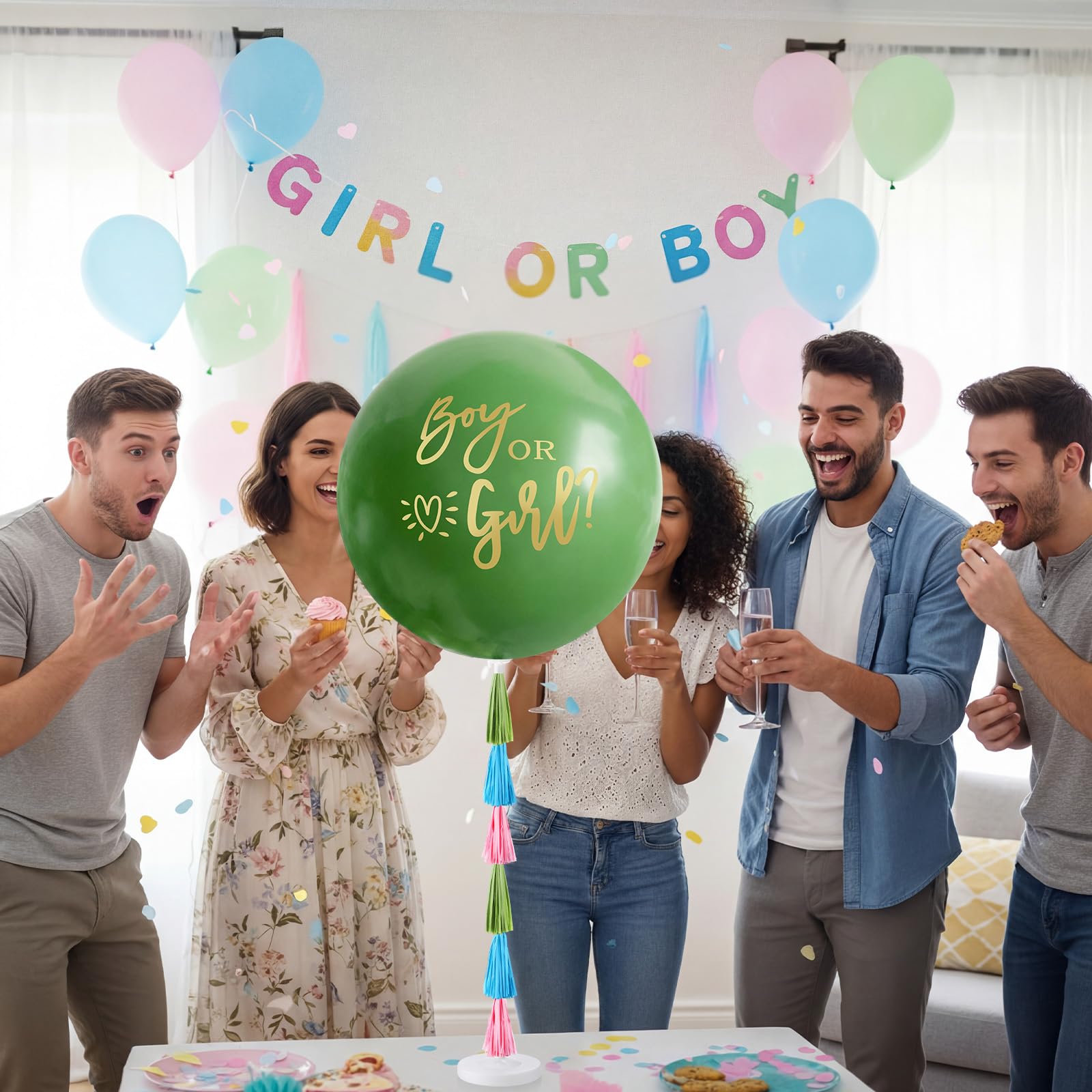 Syhood Kit jumbo per svelare il genere con palloncini da 91,4 cm per bambino o bambina e palloncini blu rosa a forma di cuore con nappe per coriandoli e nappe per baby shower, forniture per feste e