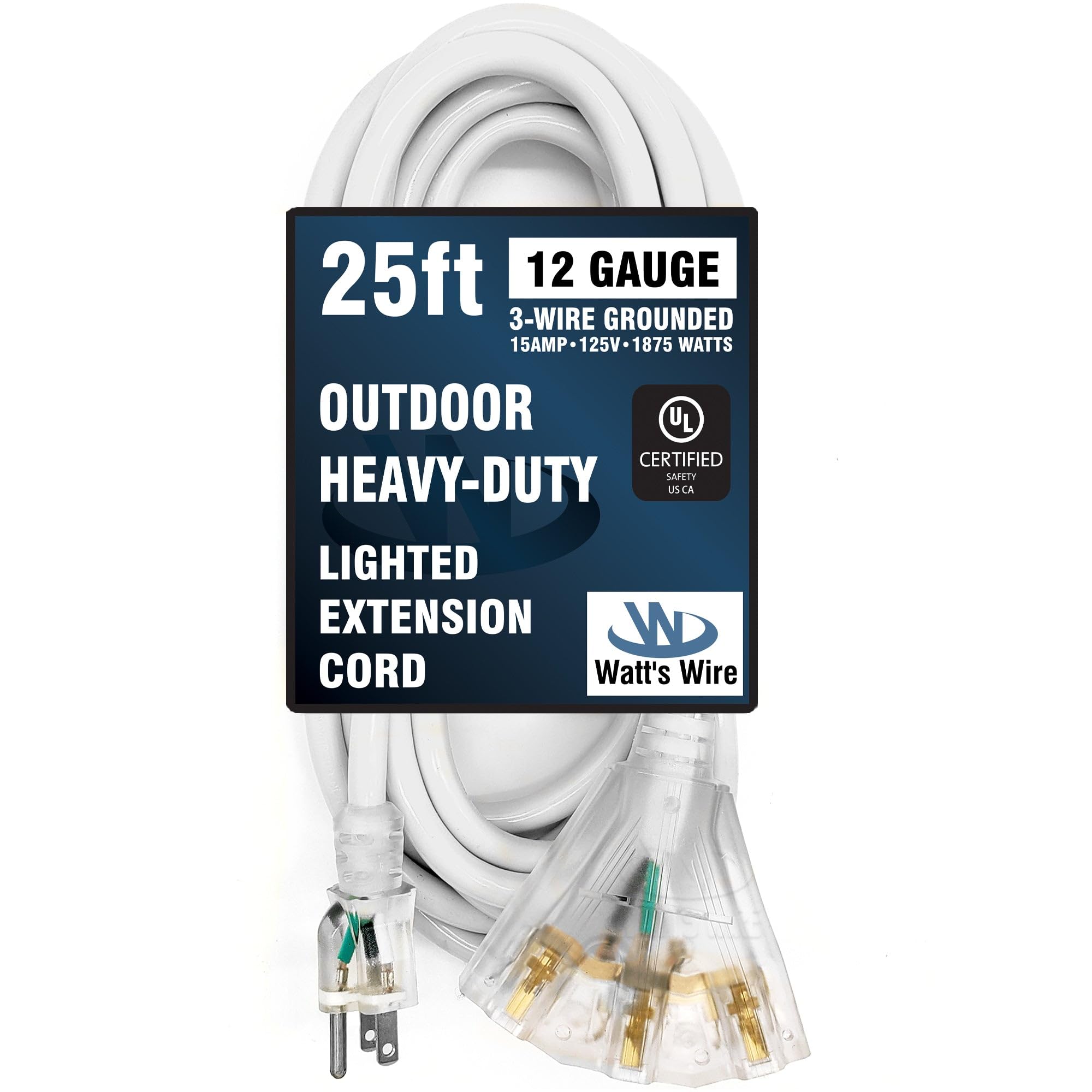 25-ft 12/3 Heavy Duty 3-Outlet Lighted SJTW Indoor/Outdoor White Extension Cord by Watt's Wire - 25' 12-Gauge Grounded 15-Amp Power-Cord (25 Foot 12-Awg White)