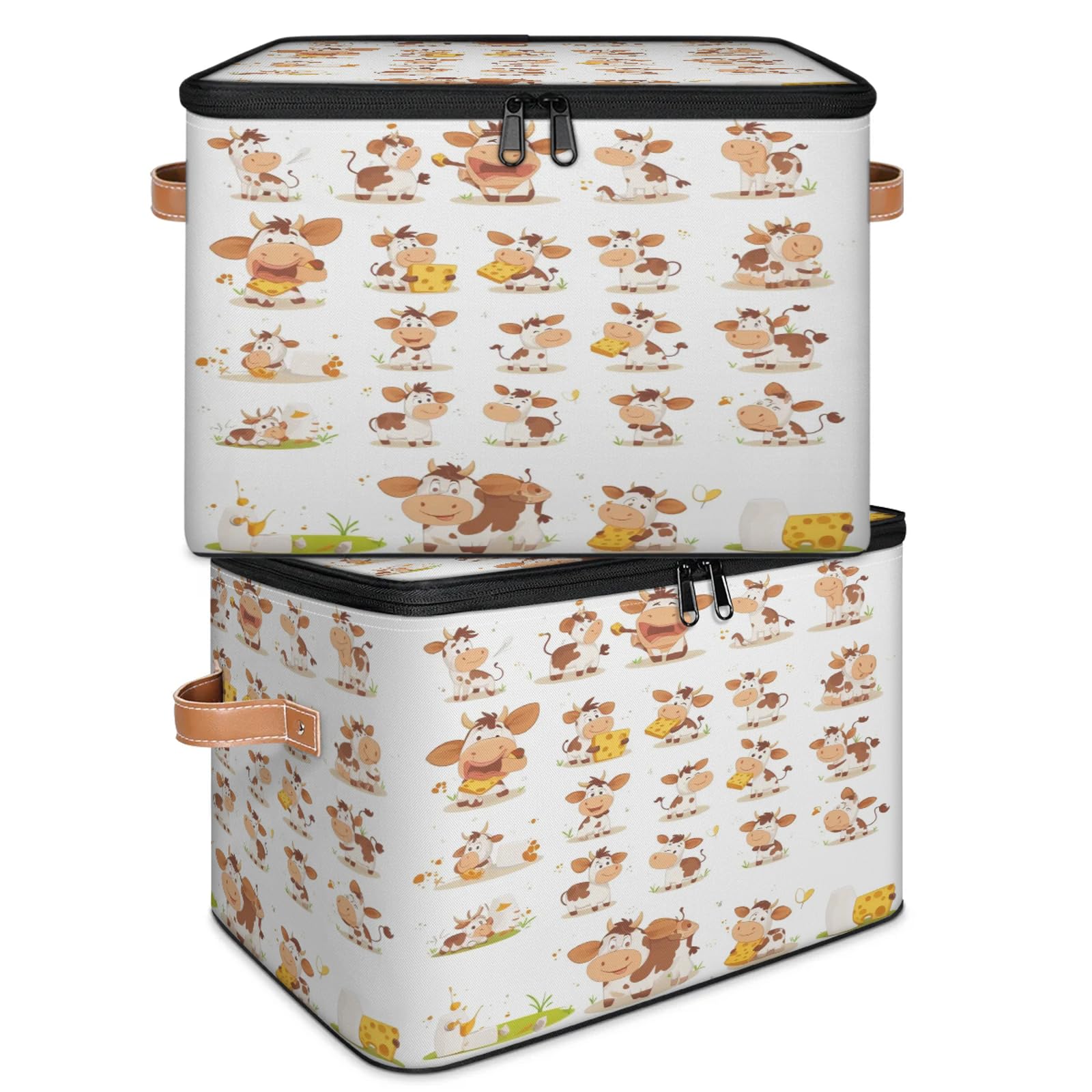 Bonita cesta de almacenamiento grande de queso de vaca con tapa con cremallera, cajas de almacenamiento plegables, organizador para el hogar, para ropa, dormitorio, sala de estar, 2 piezas