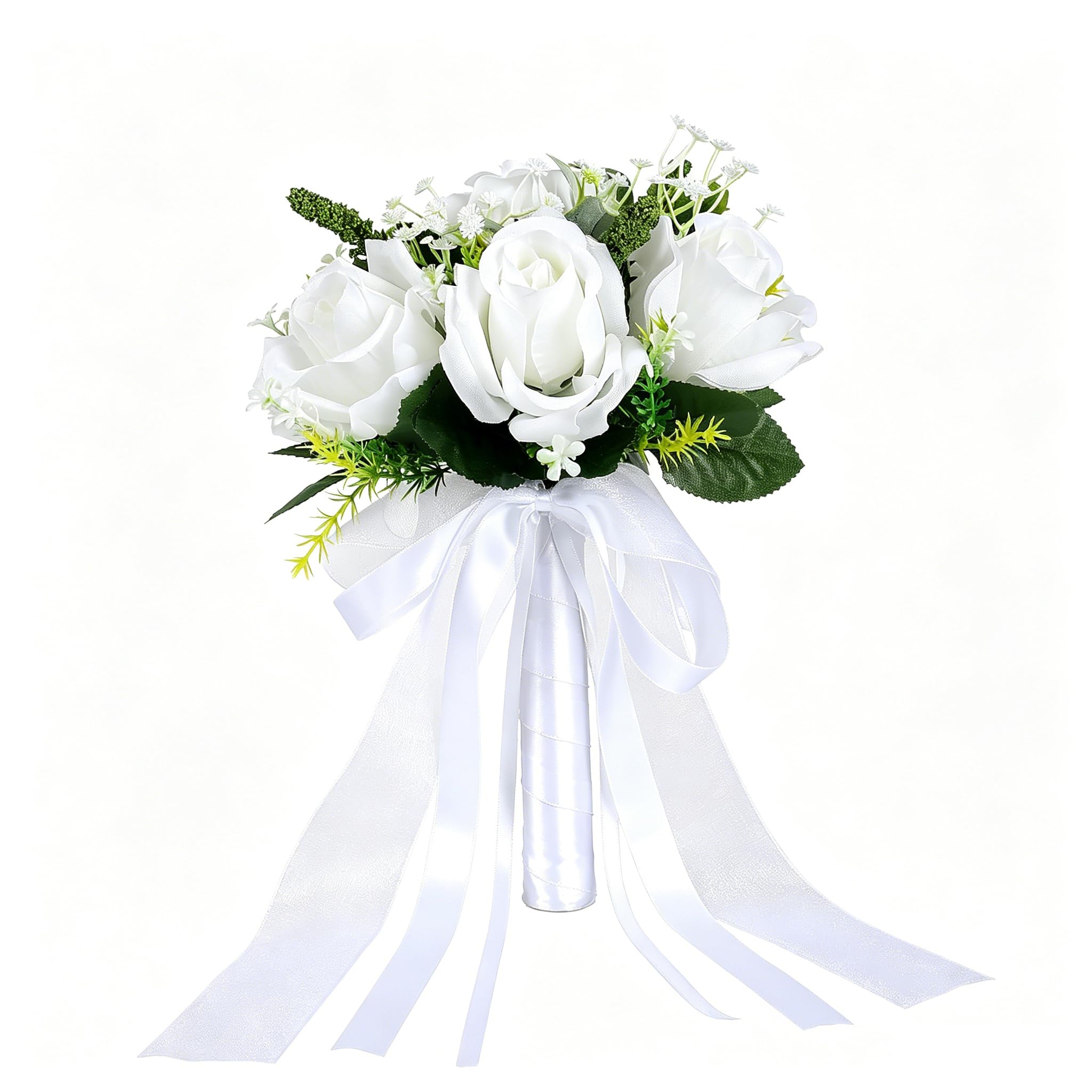 ZBELLO Rose Bouquet Artificial White Roses for Ceremony Rehearsal Reception Enduring Keepsakes Artificial Roses Bouquet White Shades for Ceremony Reception Bride Arrangement
