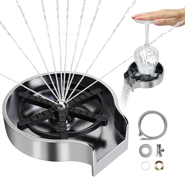 Automatic Glass Rinser 10 Water Spraying Holes Bar Coffee Cup Cleaner Kitchen Sink Washer Baby Bottle Cleaner Accessories. (Silver)