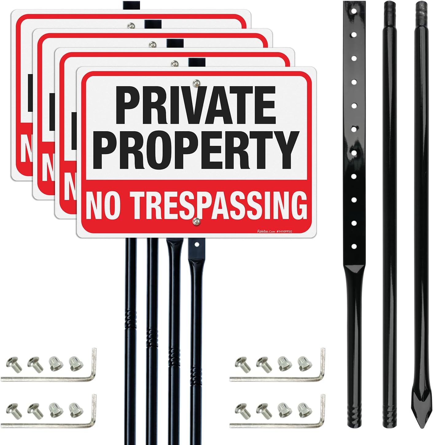 Faittoo Large No Trespassing Sign Private Property with 54" Metal Thick Stake, 2 Pack14"x10" Rust Free Heavy Aluminum, Reflective, Fade Resistant, Easy to Mount, Outdoor use