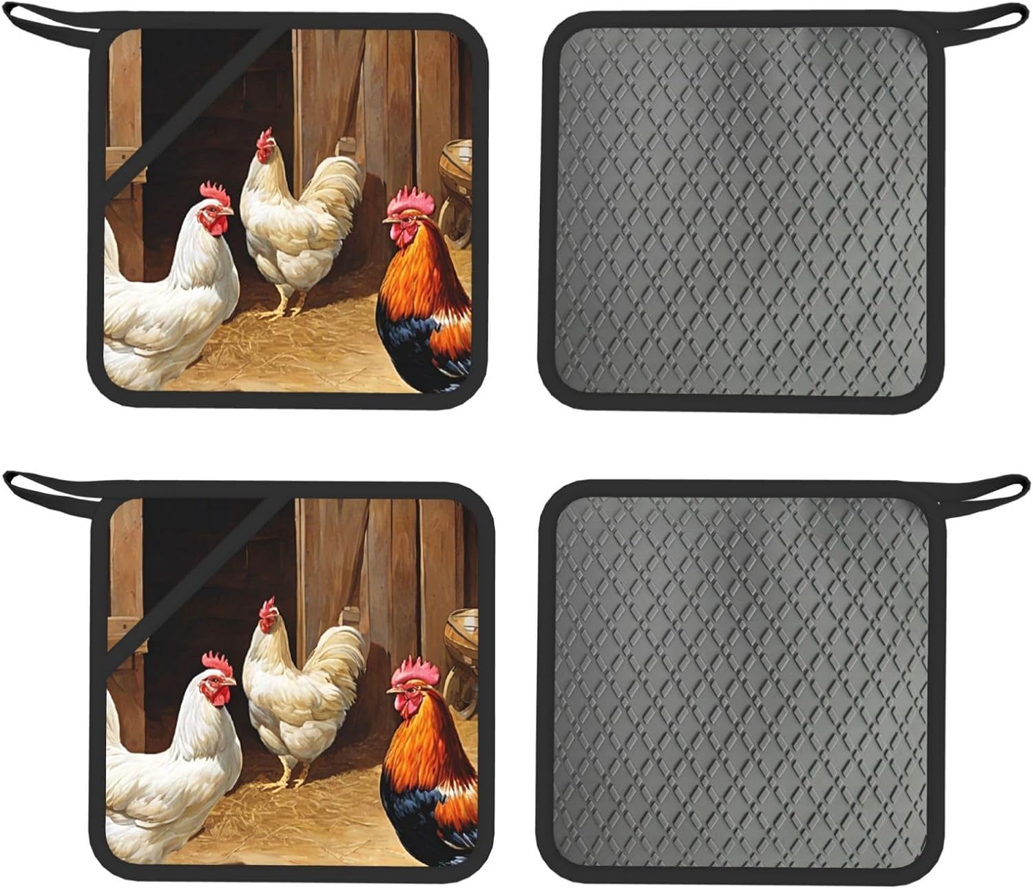 Chicken and Rooster Print Oven Mitts and Pot Holders Set of 4 Heat Resistant Kitchen Gloves with Silicone Palm Hot Pads for Baking Cooking Grilling BBQ