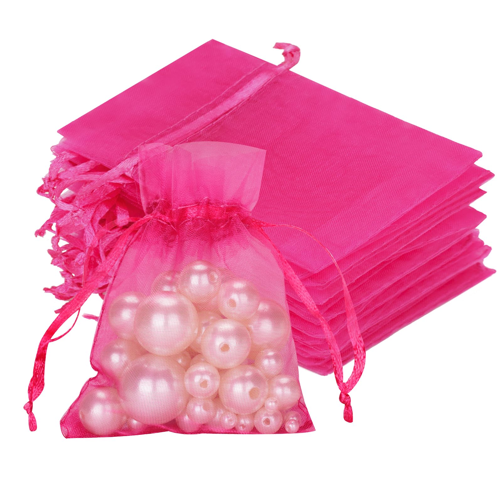JijAcraft 50 Sacchetti Di Organza Rosa Per Bomboniere – 7x9 Cm Con Cordoncino In Raso, Ideali Per Matrimoni E Caramelle