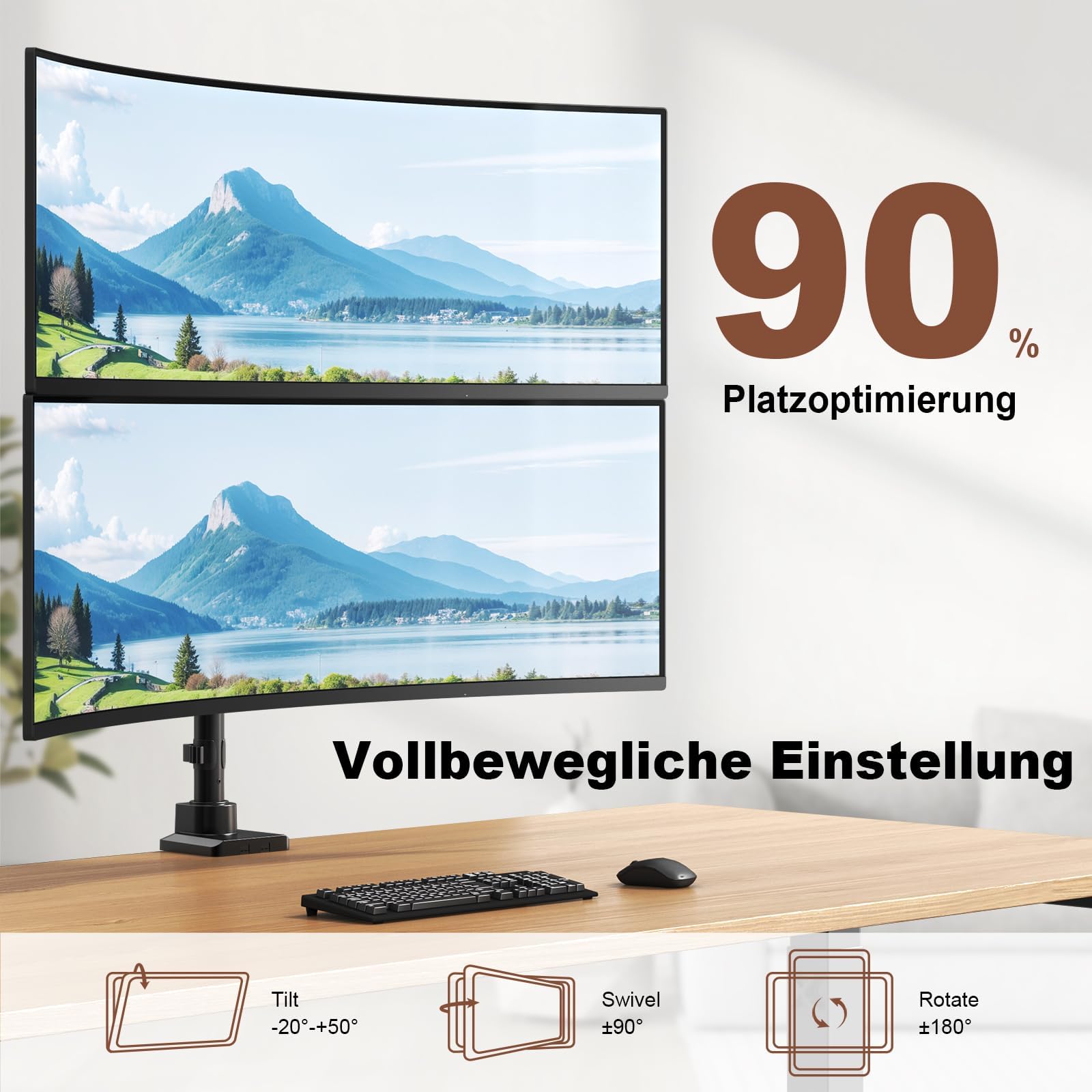 PUTORSEN Monitorhalterung 2 Monitore für 17 bis 49 Zoll Bildschirme bis 20 kg pro Arm, Extra Langer Tischhalterung Höhenverstellbar Schwenkbar für optimale Ergonomie, VESA 75/100mm