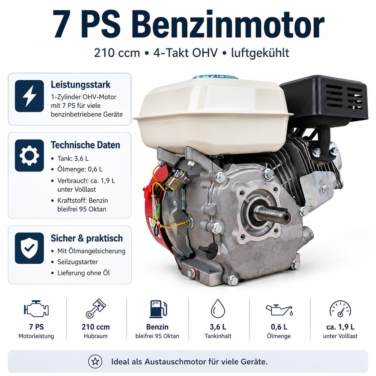 DeTec. 7 PS Benzinmotor 210 ccm 4-Takt OHV Austauschmotor