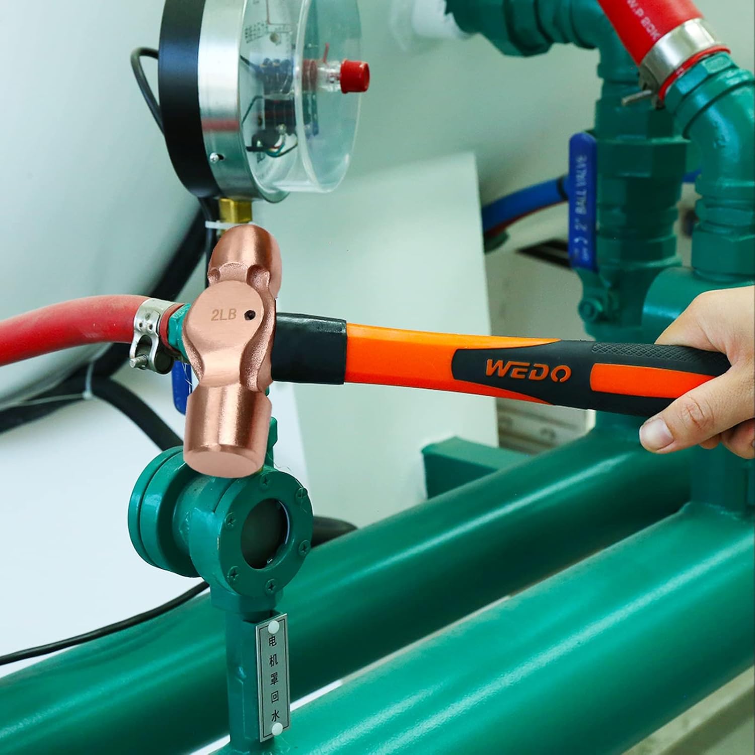 WEDO Copper Ball Peen Hammer 32 oz(2lb), Ball Pein Hammer with Fiberglass Handle, Length 365mm(14"), Die-Forged, Corrosion Resistant, DIN Standard