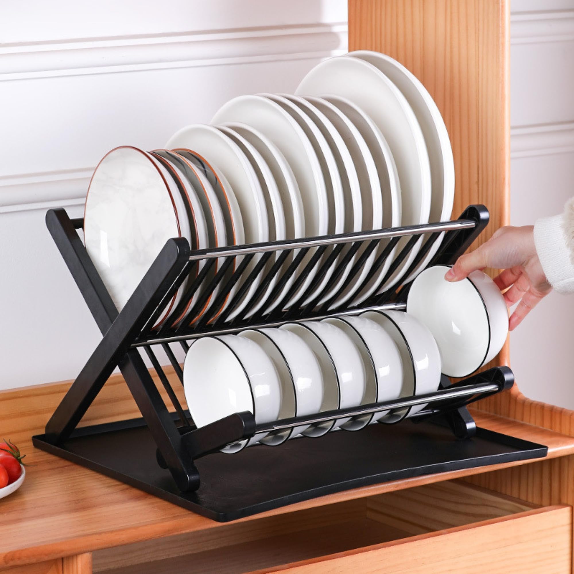 EGOUTTIA - Escurridor para platos (2 niveles), color negro con bandeja de recuperación, estante para escurrir de acero inoxidable y PP, escurridor, diseño grande y plegable para fregadero de cocina
