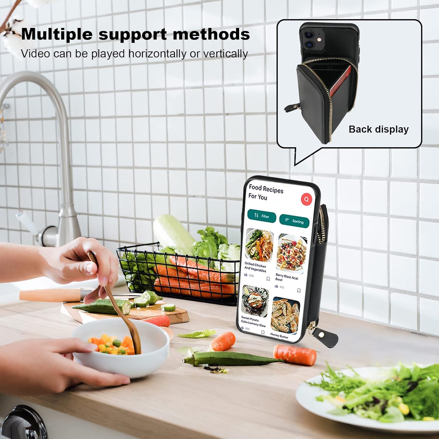 Bocasal RFID Blocking Wallet Case for iPhone 11, Adjustable Crossbody Zipper Purse Case Card Holder with Kickstand Detachable Wrist Strap, PU Leather Flip Folio Case 6.1 Inch (Black) - Image 6