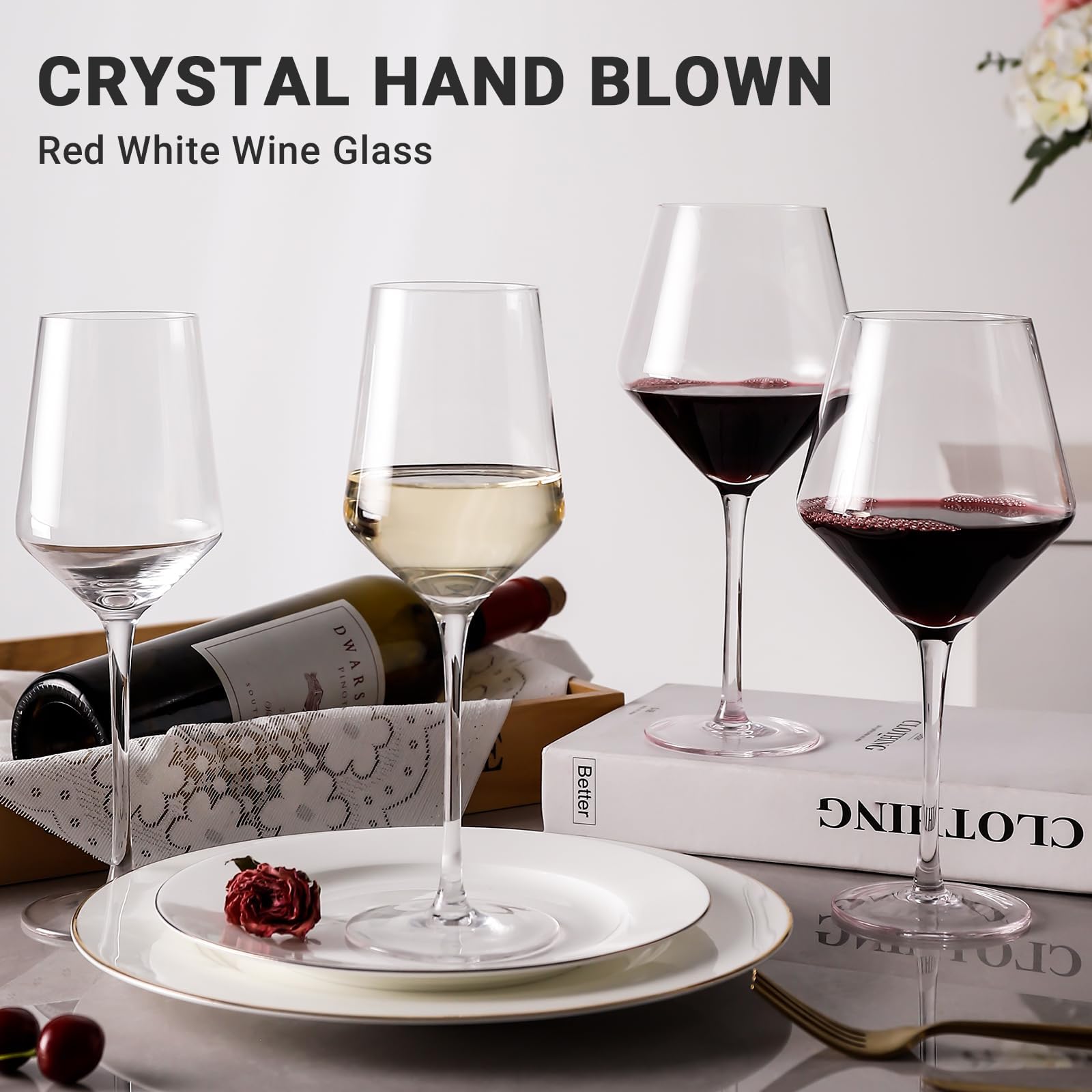 Physkoa Rot- und Weißweingläser mit Korkenzieher, mundgeblasene Kristallgläser, 652 ml, 400 ml, große burgunderrote Gläser, Hochzeit, Einweihung, Weihnachten, Muttertag, Geschenk, 4 Stück