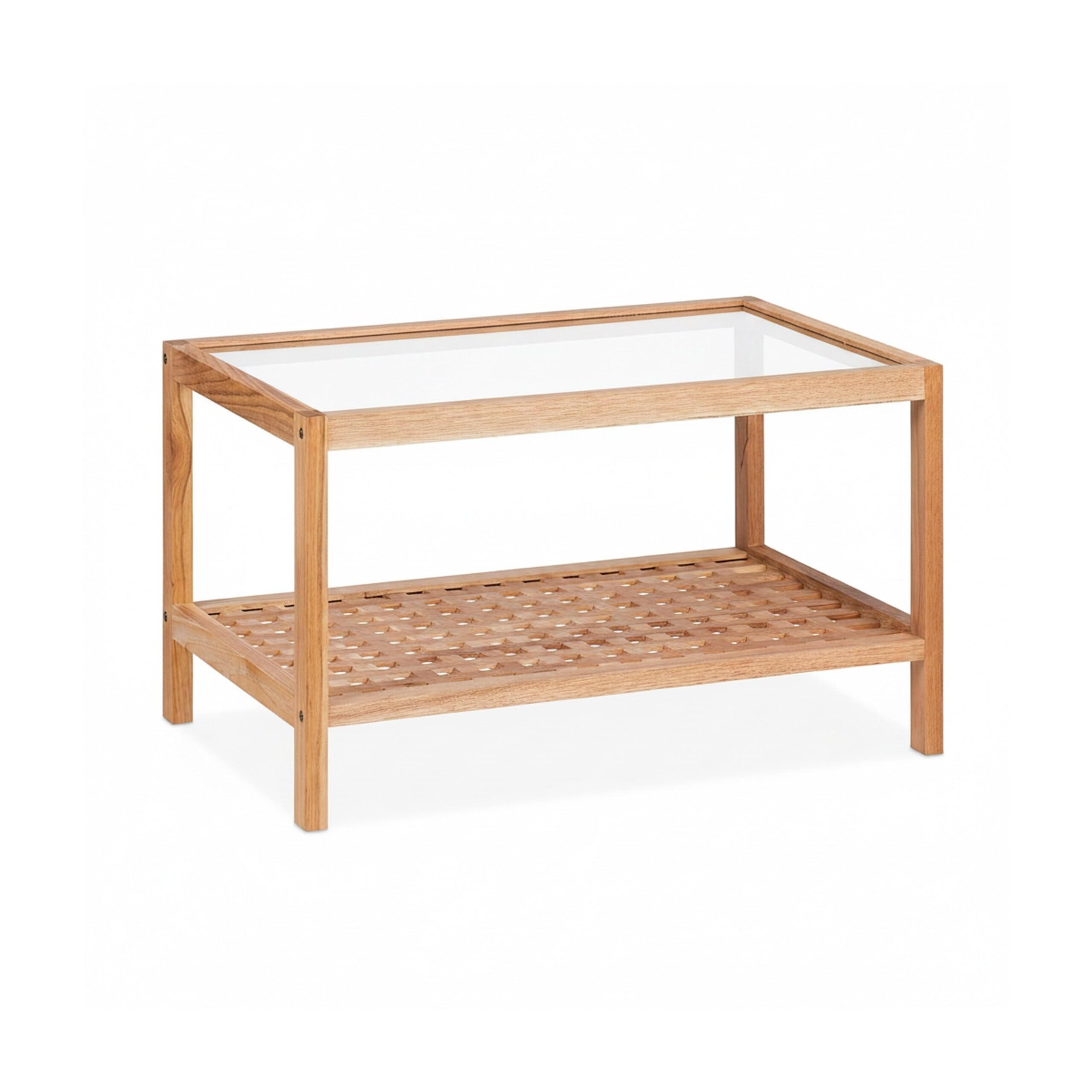 Relaxdays Tavolino da Salotto in Legno, 35 x 60 x 40 cm, Ripiano in Vetro, 2 Mensole, Tavolo Basso da Divano, Naturale