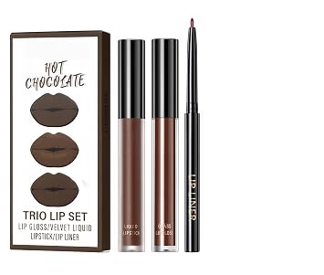 MAEPEOR All In One Lip Kit - 3 In 1 Smooth Lipliner, Lipgloss & Velvet Matte Liquid Lipstick Set with Hydrating Moisturizing Gloss and Creamy Liner - Kit 11, Hot Chocolate