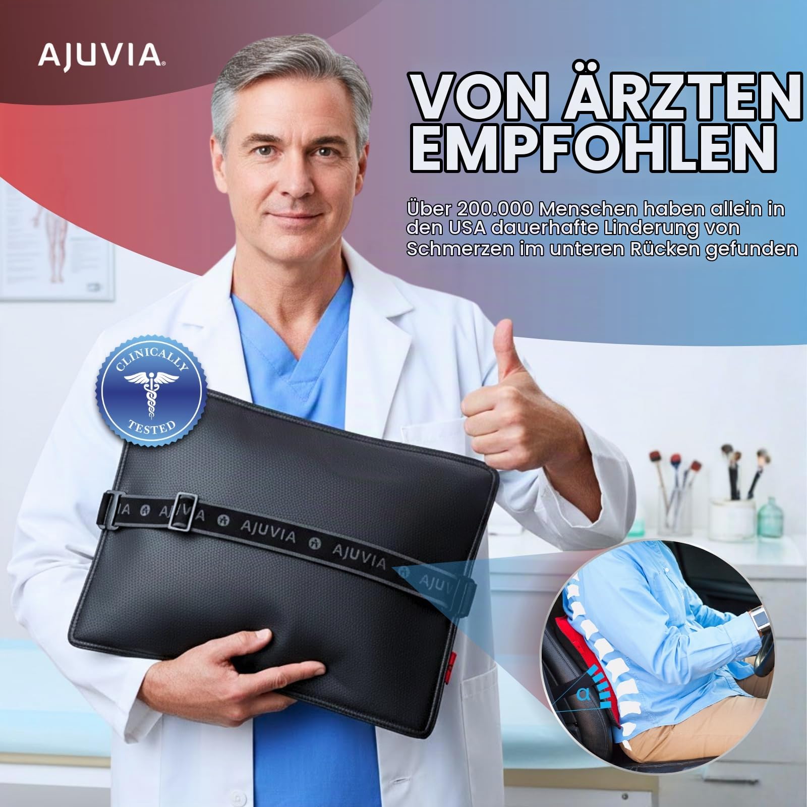 Ajuvia Back Vitalizer Lendenwirbel-Stützkissen - Stufenlos stützverstellbares Ergonomisches Luftpolster für Bürostuhl & Auto - Atmungsaktiv, Anti-Schwitzen - Unterstützt die Sitzhaltung