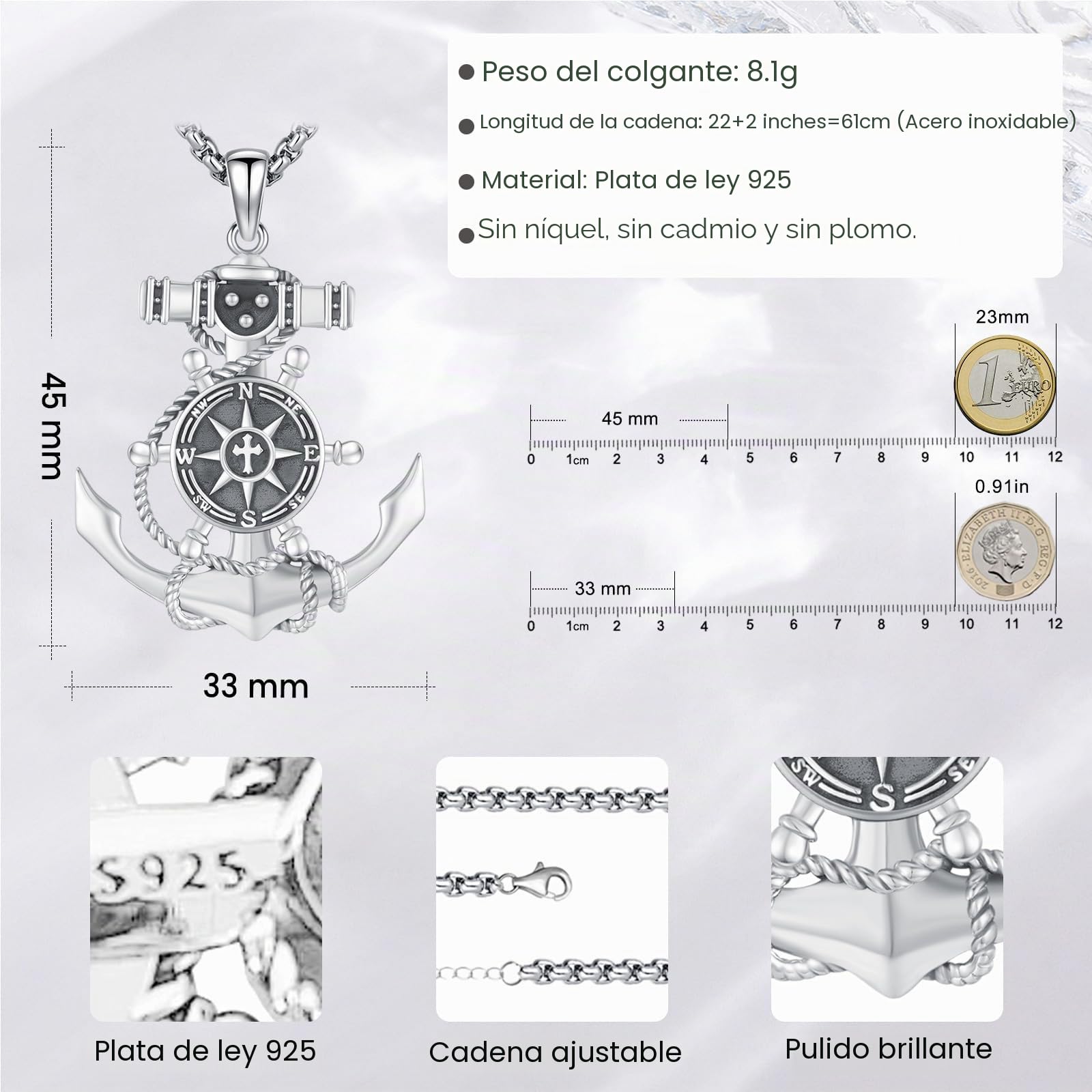 Eusense 925 Collar de Plata Esterlina Brújula Brújula Colgante de la Cadena de Regalo de Graduación de Joyería para Hombres y Mujeres Día de la Madre