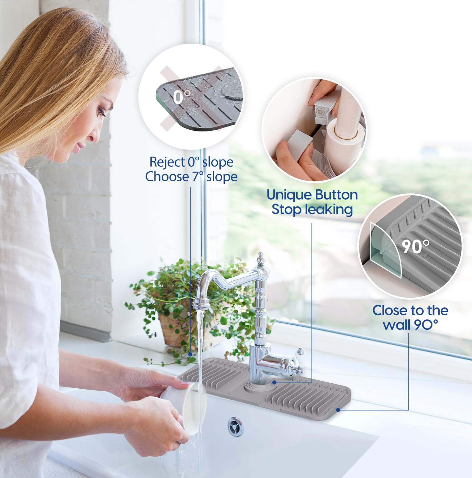 14.6 Inch Silicone Faucet Mat for Kitchen Sink Splash Guard - 6 Slope Water Draining Mat with Fasten Button for Bathroom Area - Black (Gray, 14.6''x5.5'')