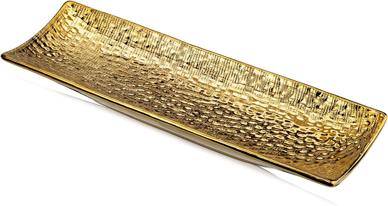 Hollyone 40x13CM Gold Ceramic Tray for Home Decor, Bathroom Vanity Tray, Decorative Candle Plate for Table, Countertop Sink Storage Organizer for Jewelry, Perfume, Cosmetic