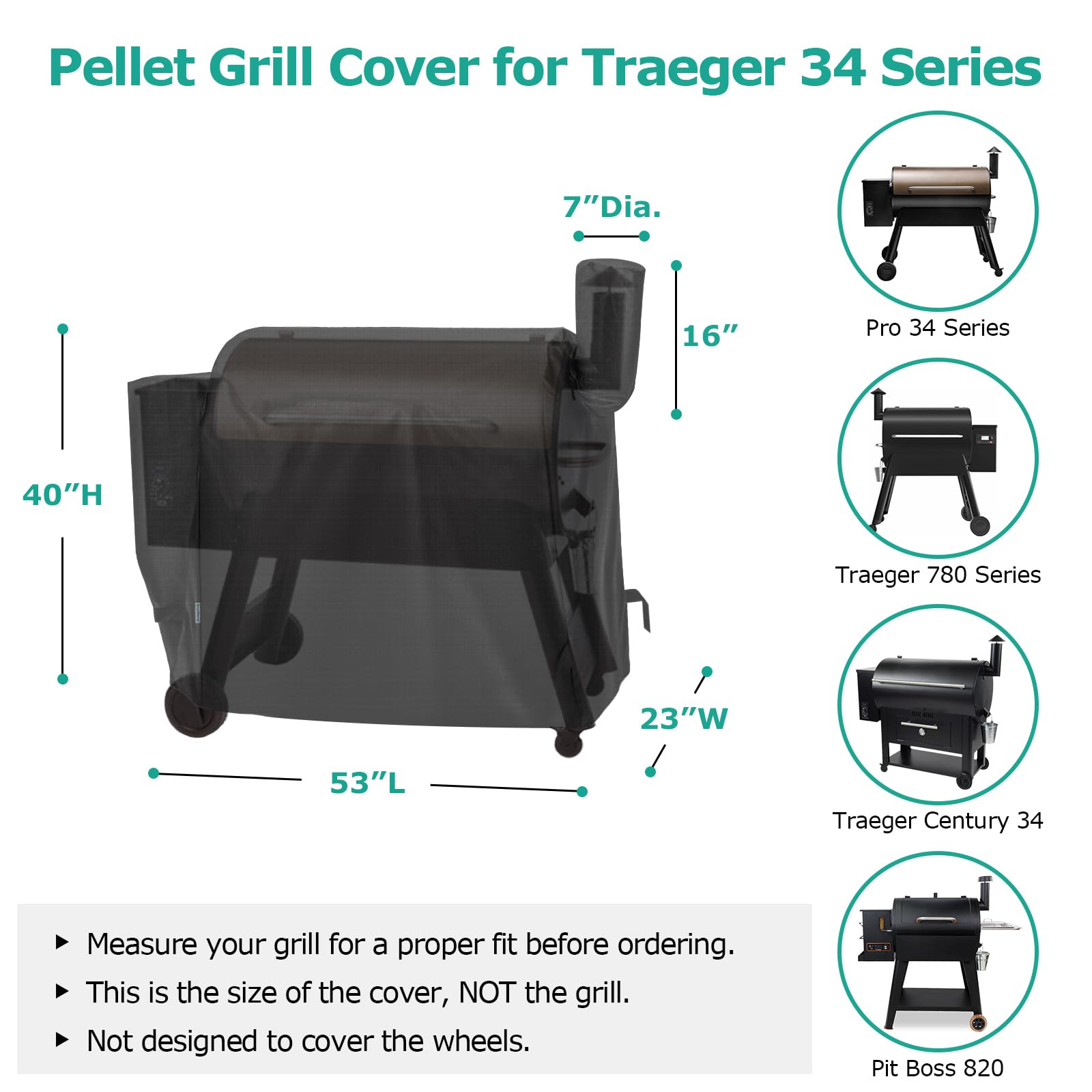 SunPatio Outdoor Waterproof Pellet Grill Cover Compatible with Traeger 34 Series Wood Pellet Grill and Smoker, Texas and More Full Length BBQ Barbecue Cover, All Weather Protection, Black